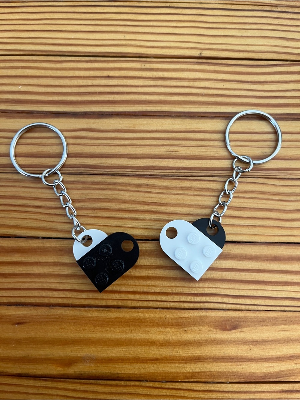 Black and White Heart LEGO-Style Keychain Pair Handmade